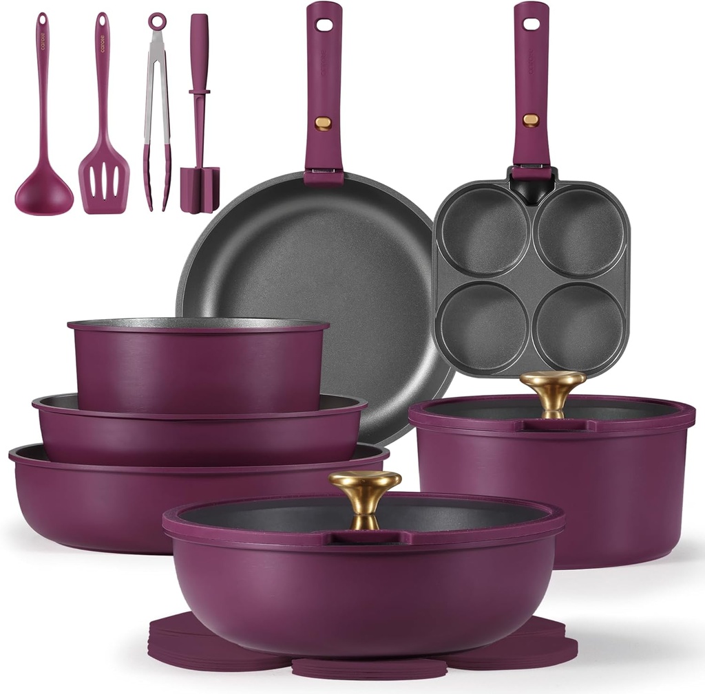 CAROTE 21pcs Pots and Pans Set, Nonstick Cookware Set Detachable Handle, Induction Kitchen Cookware Sets Non Stick with Removable Handle, RV Cookware Set, Gold and Purple