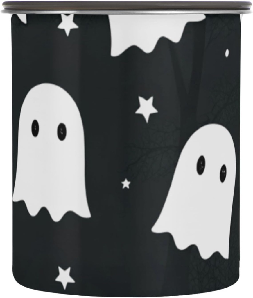 Qilmy Halloween Ghost Coffee Canister Stainless Steel Airtight Food Storage Container with Vacuum-Lock Lid for Tea Sugar Nuts Flour, 900ml