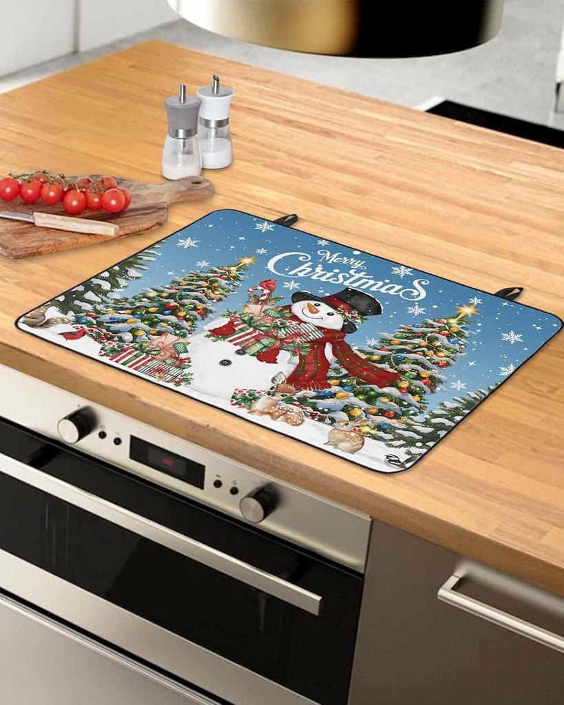 Christmas Countertop Burners Protection Mats for Kitchen, Snowman with Gift Deer Snowflake Blue Rubber Stove Top Cover Mat, Heat Proof Mats Cooktop Cover for Counter Dish Drying Mat, 31"x24"
