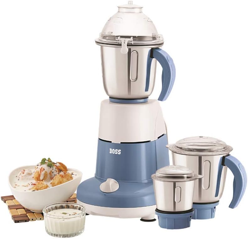 BOSS Excel Pro 3-Jar Mixer Grinder Kitchen Grinding Genius 750 Watt Powerful Motor, 3 Variable Speed with Incher, 110V,Blue