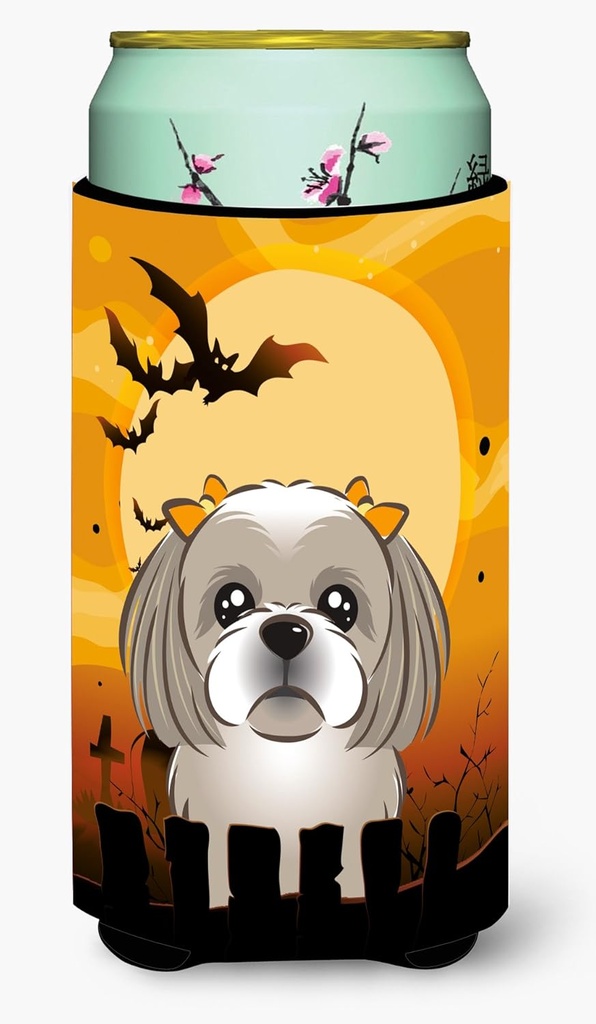 Caroline's Treasures BB1808TBC Halloween Gray Silver Shih Tzu Tall Boy Hugger Can Cooler Sleeve Hugger Machine Washable Drink Sleeve Hugger Collapsible Insulator Beverage Insulated Holder