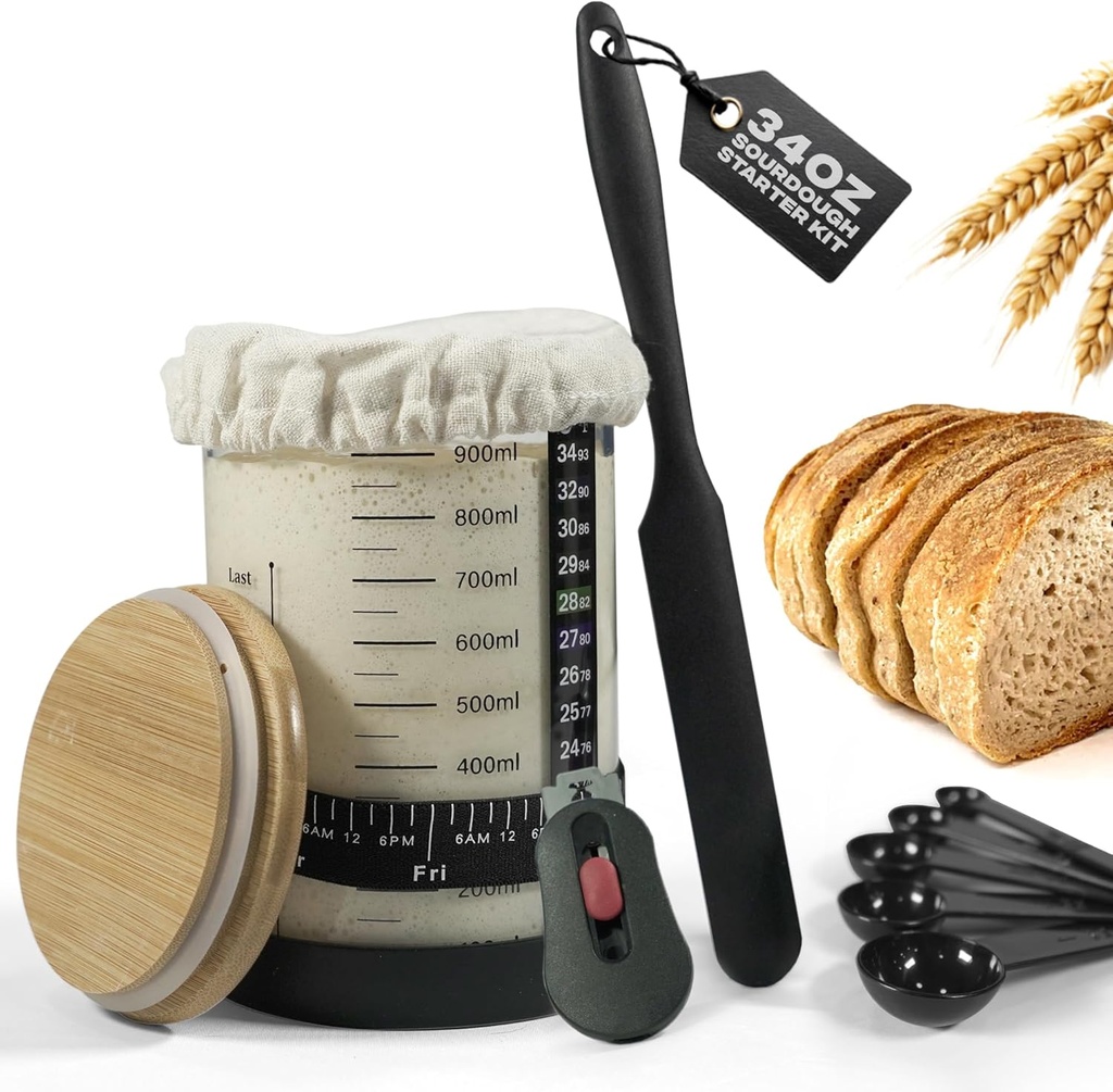 34 OZ Sourdough Starter Kit – Large Wide-Mouth Glass Sourdough Jar with Wooden Lid, Cloth Cover, Silicone Spatula, Thermometer Sticker & 5-in-1 Spoon – Complete Sour Dough Starter Jar (34 OZ)
