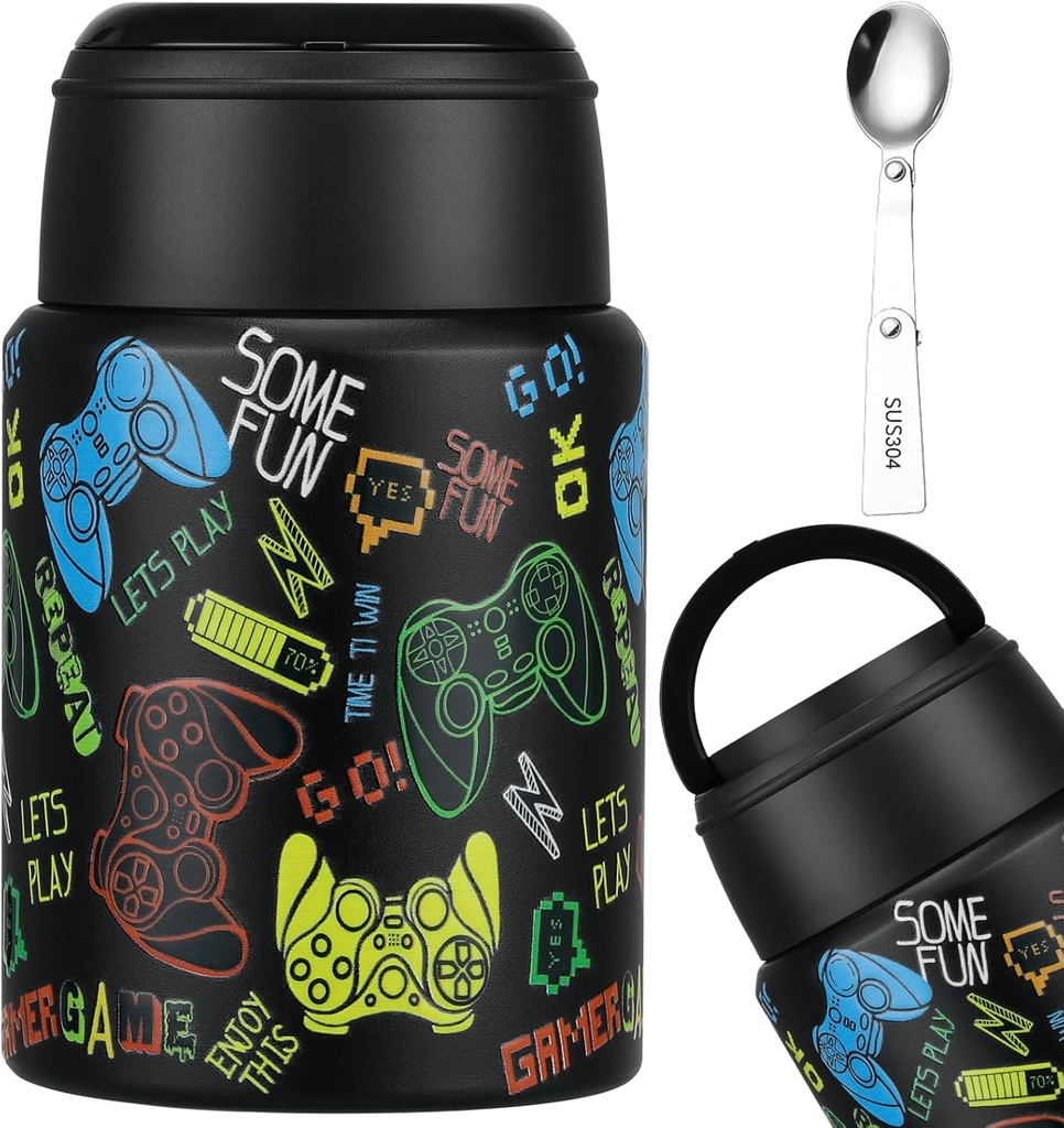 17oz Soup Thermo for Hot Food Kids Insulated Food Jar,Thermo Hot Food Lunch Container, Width Mouth Stainless Steel Lunch Box for Kids with Handle Folding Spoon(Black - Game Console)