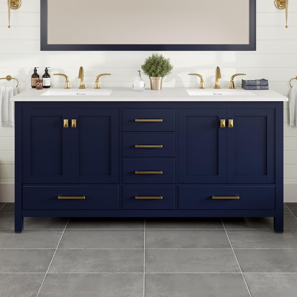 Eviva Aberdeen 72 in. Blue Double Sink Bath Vanity with Carrara Quartz Top and Undermount Porcelain Sinks