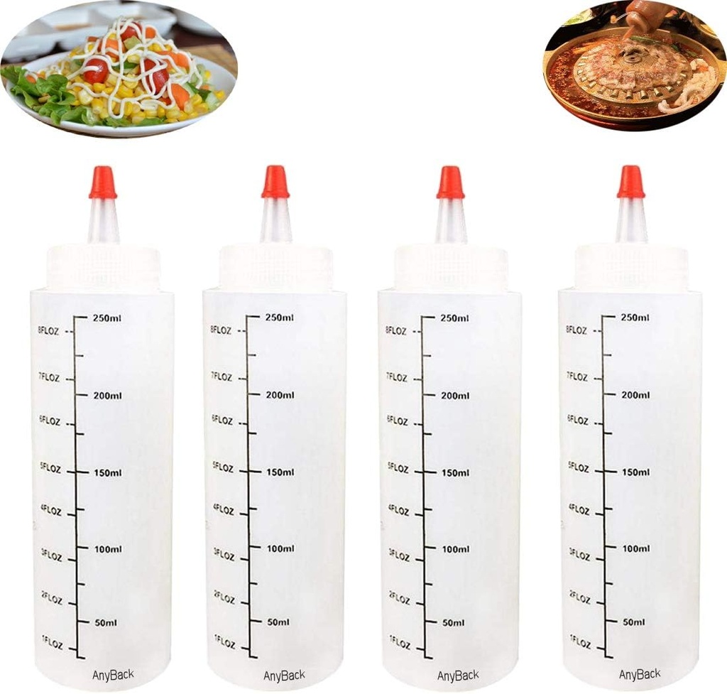 Condiment Squeeze Bottles Food Dispensers with Graduated Measurements 8 Floz 250ml and Needle-Nosed Liquid Dropper for Decorating Crafts White 4 Pack