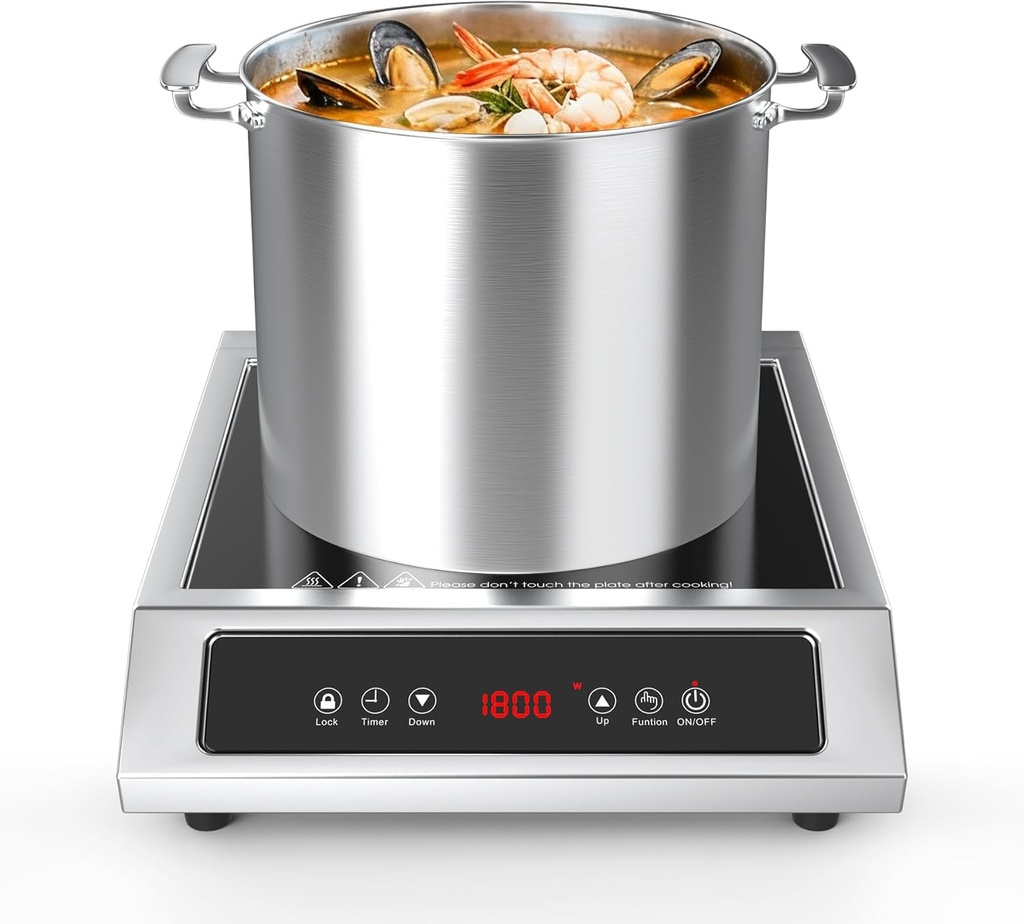 1800W Commercial Induction Cooktop, 120V Stainless Steel Electric Countertop Burner with Digital Touch Panel, 3-Hour Timer - Portable Hot Plate for Restaurant, RV or Food Truck