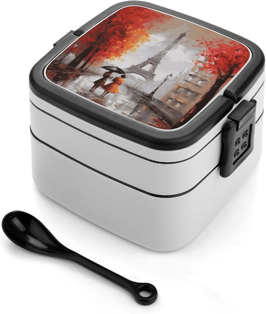 Stackable Double-Layer Bento Box Eiffel Tower Paris Painting Adults Lunchbox with Spoon Cute Japanese Bento Box Dishwasher Safe for Work Travel Dining Outc