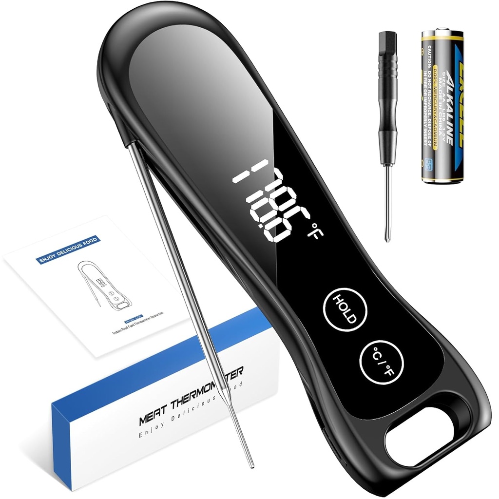 Professional Meat Thermometer Digital - 1 Second Instant Read Food Thermometer Foldable Probe with IP67 Waterproof & LED Display for Grilling, BBQ, Air Fryer, Baking and Kitchen Outdoor Cooking