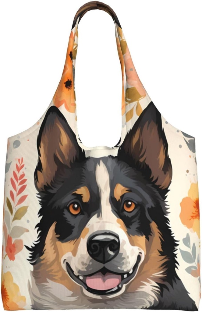 Cattle Dog Florals Canvas Tote Bag Reusable Grocery Bags Shopping Bags Large Canvas Bags with Handles