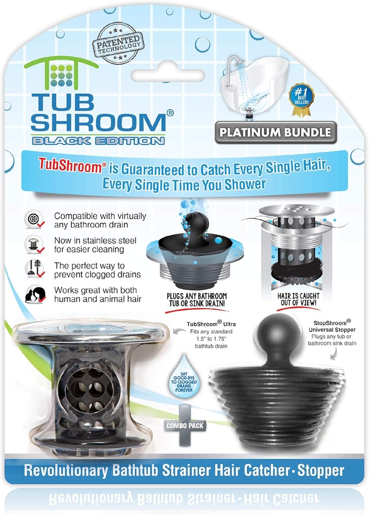 TubShroom Tub Drain Hair Catcher Combo Pack with Silicone Stopper, Black Chrome – Protector and for Bathroom Drains, fits any standard bathtub drain measuring 1.4” to 1.8” wide