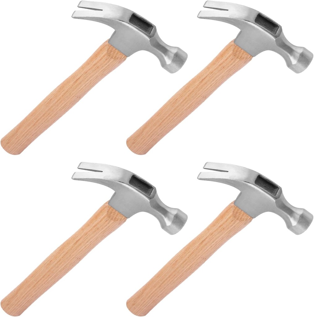 4 Pack 16 Ounce Claw Hammer with Wooden Handle, Durable Forged Steel Heads, Wooden Claw Hammer, Nail Hammer for Carpentry, Framing, Demolition & More