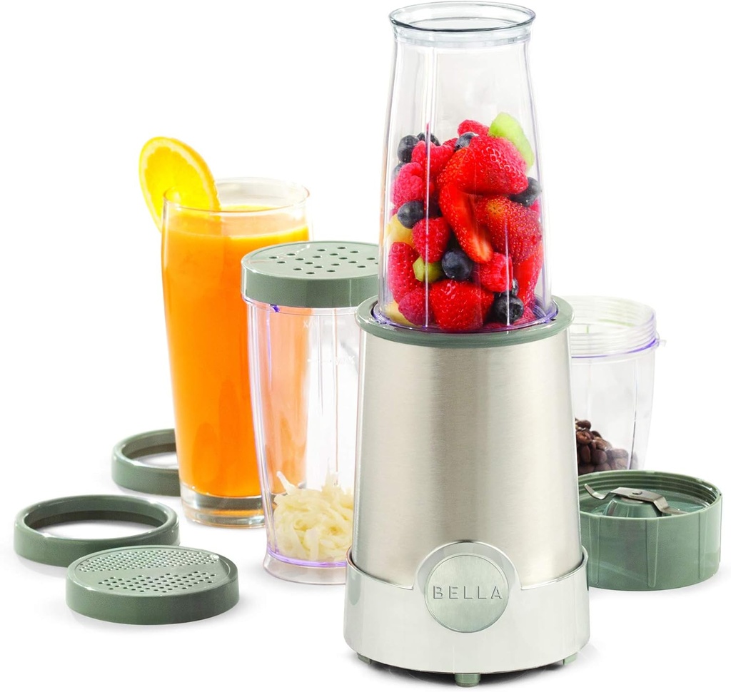 BELLA Personal Size Rocket Blender for Smoothies and Protein Shakes, Portable Juice Maker and Mini Food Processor and Grinder, 12 Piece, BPA Free Accessories, 240 W, Stainless Steel