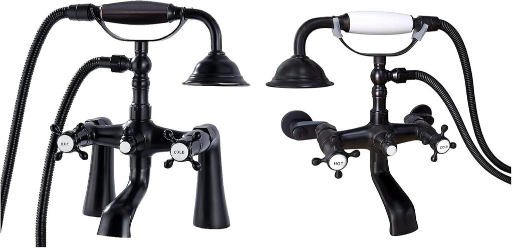 Deck Mount Tub Bathtub Clawfoot Faucet with Telephone Shaped Sprayer Showerheld 2 Cross Handle Clawfoot Bathtub Faucet with Handheld 2 Cross Handle 3-3/8’’ Center Adapter Adjustable Swing Arms