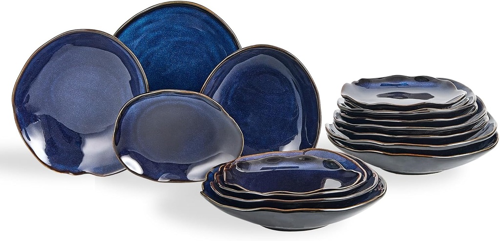 Ceramic Dinnerware Sets, Blue Stoneware Dishes Sets, Dinner Salad Dessert Plates, and Cereal Bowls Set, Chip and Scratch Resistant, Dishwasher and Microwave Oven Safe, Ideal Christmas Gift (16 Pcs)
