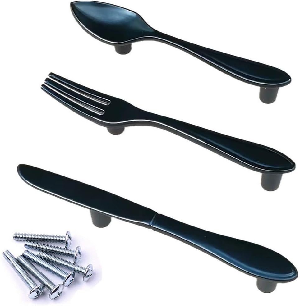 3Pcs DIY Creative Spoon Fork Knife Kitchen Cabinet Closet Drawer Door Pull Handles Knobs, 3 Inch Center to Center (Black)