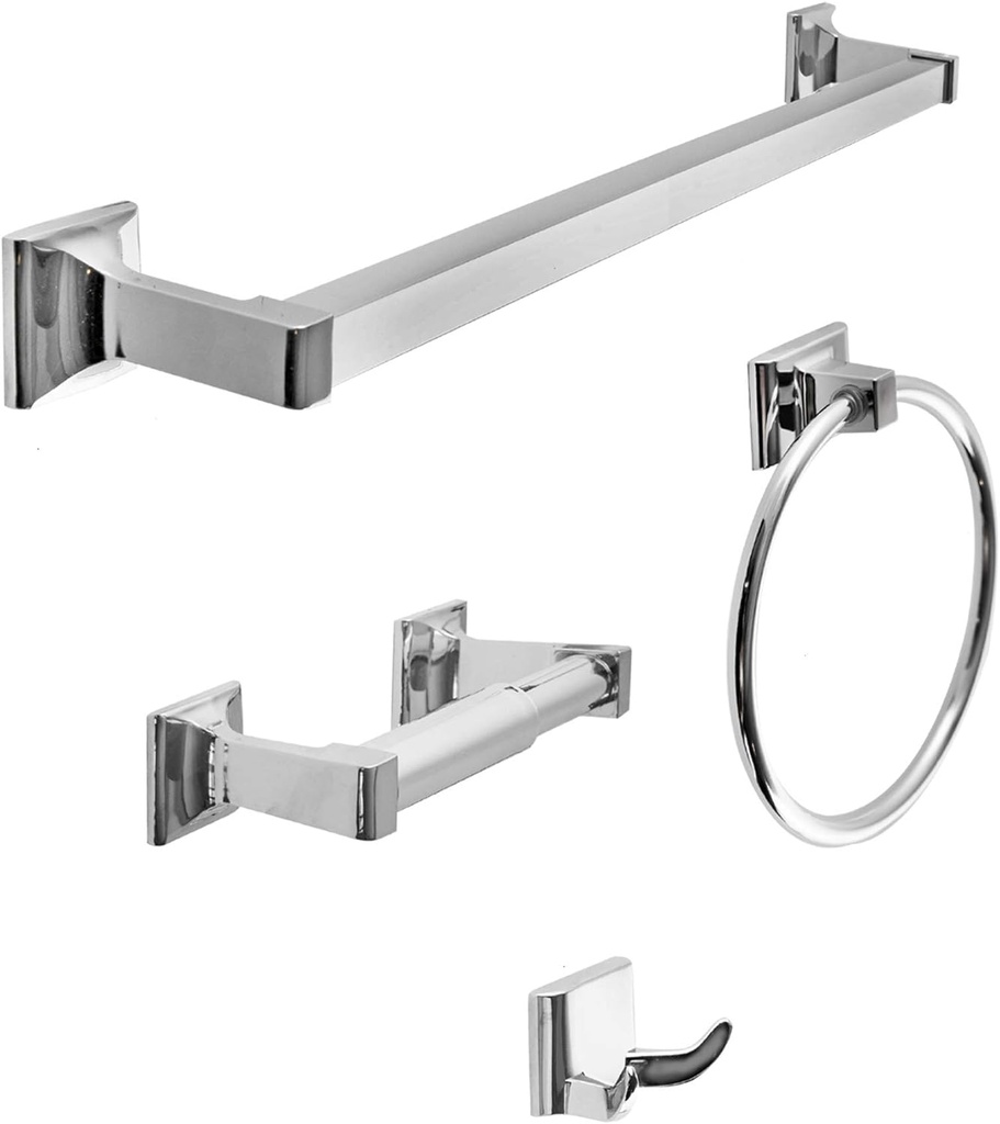 SENTO Cellar Classic Bathroom Accessories Set, Heavy Duty Metal Bath Hardware Set Wall Mounted, Includes Robe Hook, Standard Toilet Paper Holder, Towel Ring, 24” Towel Bar (4-Piece, Polished Chrome)