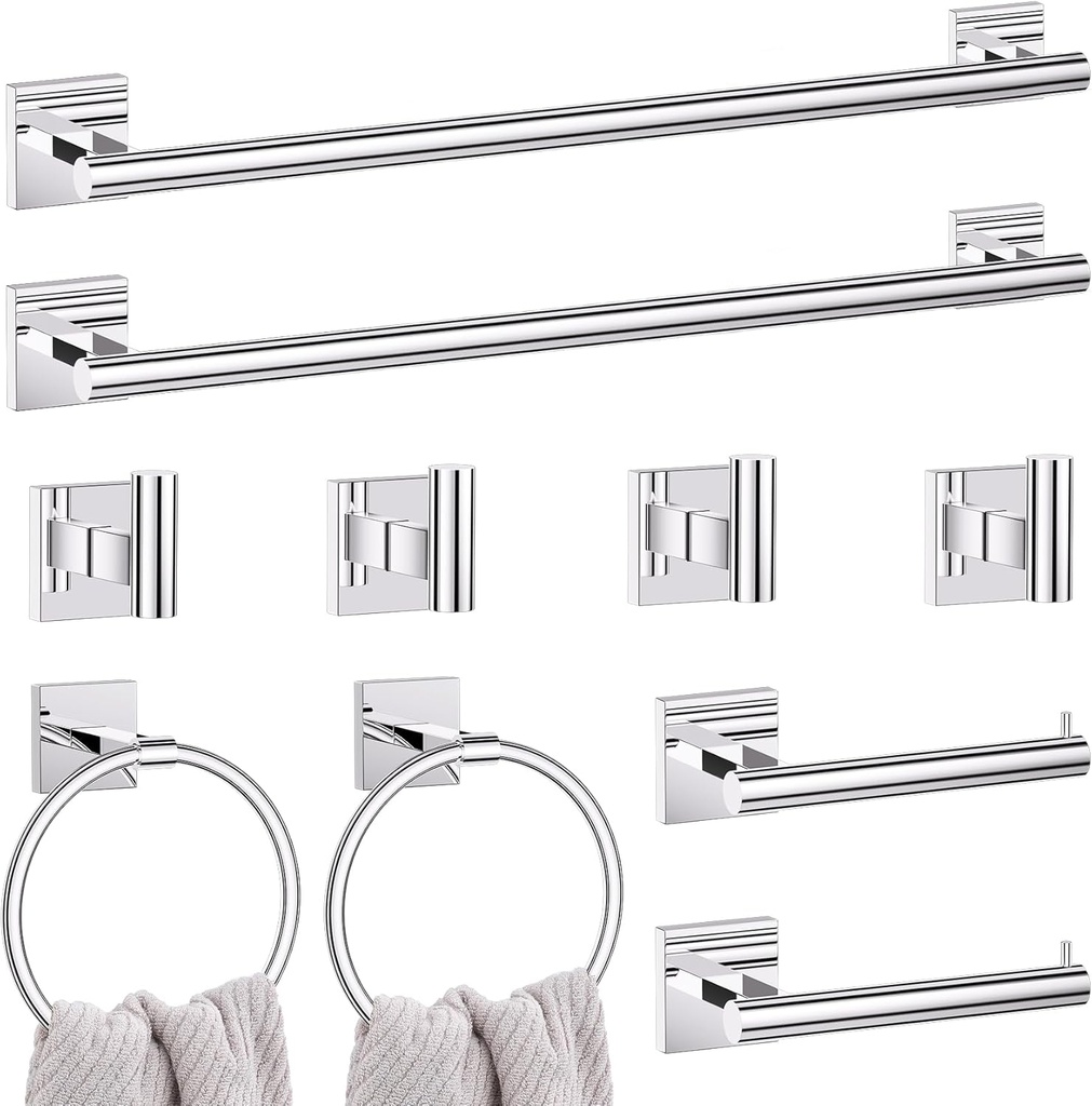 10 Pieces Polished Chrome Towel Bar Set, 23.6 Inch Bathroom Accessories Set SUS304 Stainless Steel Bathroom Hardware Set Towel Racks for Bathroom Wall Mounted.
