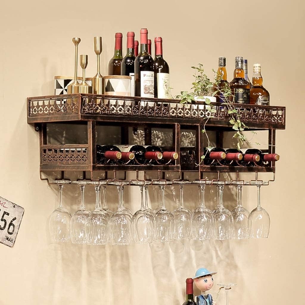 Industrial Vintage 2-Tier Wine Racks Wall Mounted, Rustic Metal Hanging Wine Bottle Holder Goblet Stemware Rack, Wall Wine Holder for Bar Wine Cellar Kitchen (Size : 120×30cm)