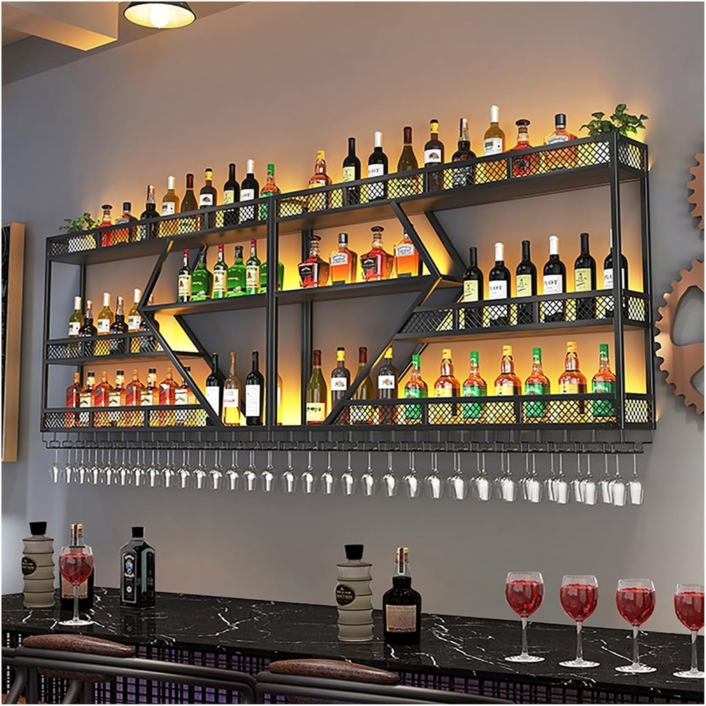 Modern Wall Mounted Bar Wine Rack with LED Light Iron Floating Shelves Wine Glass Holder Liquor Bottle Display Shelf Industrial Metal Wine Storage Racks for Home Kitchen Wine Cellar Black/Go