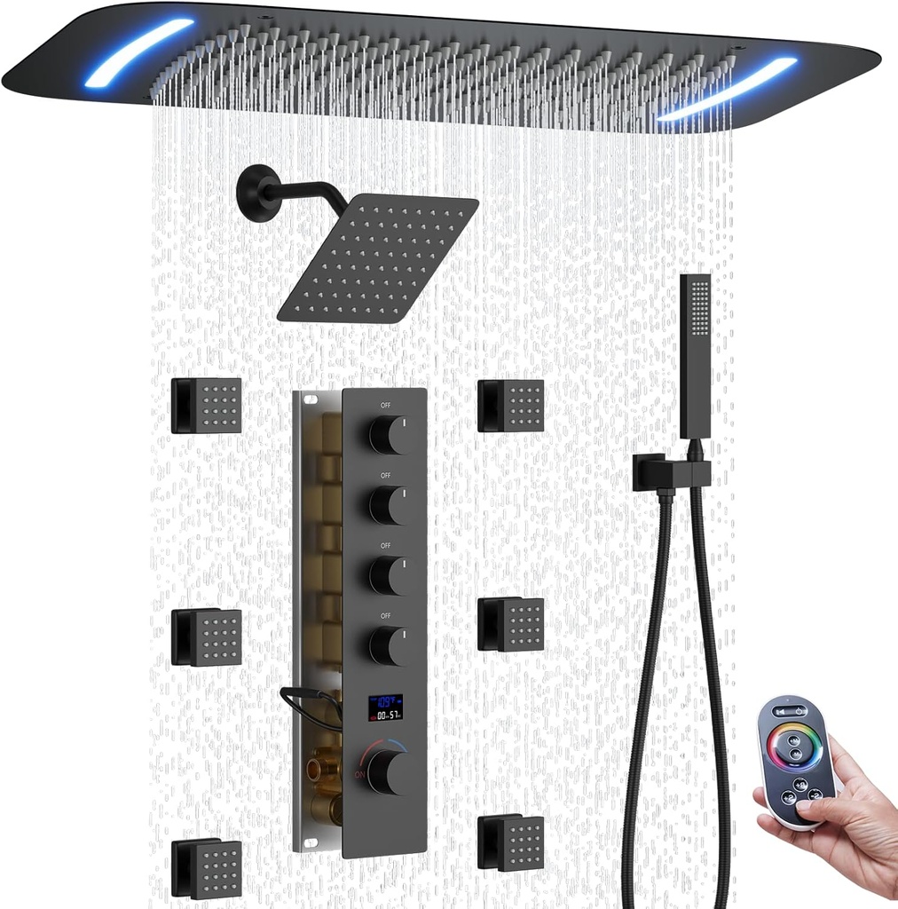 16X26 inch Matte Black Shower System with Body Jets, Ceiling Mount LED Raindall Shower Head and 8 inch Wall Mount Shower Head, 4 Way Temperature Digital Display Shower Faucet Set