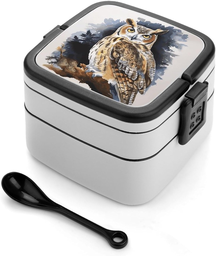Stackable Double-Layer Bento Box Owl Adults Lunchbox With Spoon Cute Japanese Bento Box Dishwasher Safe for Work Travel Dining Outc