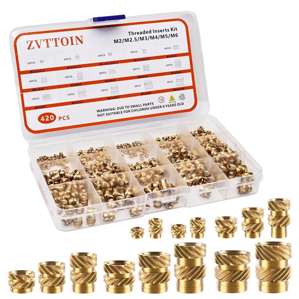 420Pcs Threaded Inserts, Brass Heat Set Insert M2 M2.5 M3 M4 M5 M6 Female Thread Metric Knurled Nuts Assortment Kit,for Plastic and 3D Printing Components