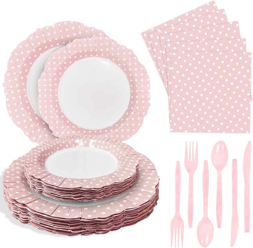 168 Pcs Pink Polka Dots Plates and Napkins Party Supplies - 24-Piece Disposable Dinnerware Set for Birthday Wedding Picnic - Includes 9-inch & 7-inch Plates, Cutlery, Napkins