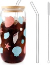 Preppy Glass Cups with Lids and Straws Cute Checkered Iced Coffee Cup Aesthetic Drinking Glasses Tumbler Mug Gifts for Women Girls Teens Gift 16oz (Beach Shell)
