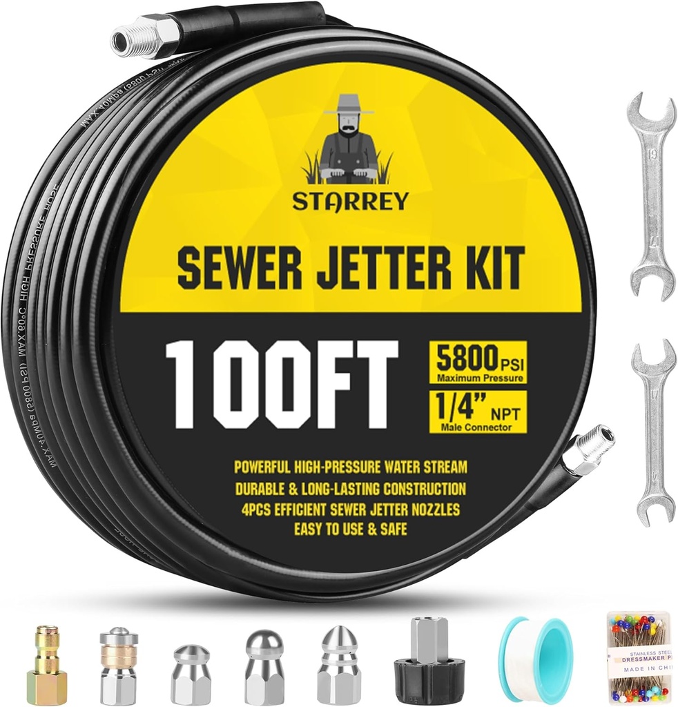 Pressure Washer Drain Jetter – Sewer Jetter Kit for Pressure Washer 100ft 1/4 Inch NPT Hose Nozzles and Adapter 5800PSI Clears Clogs in Pipes & Sewer Lines