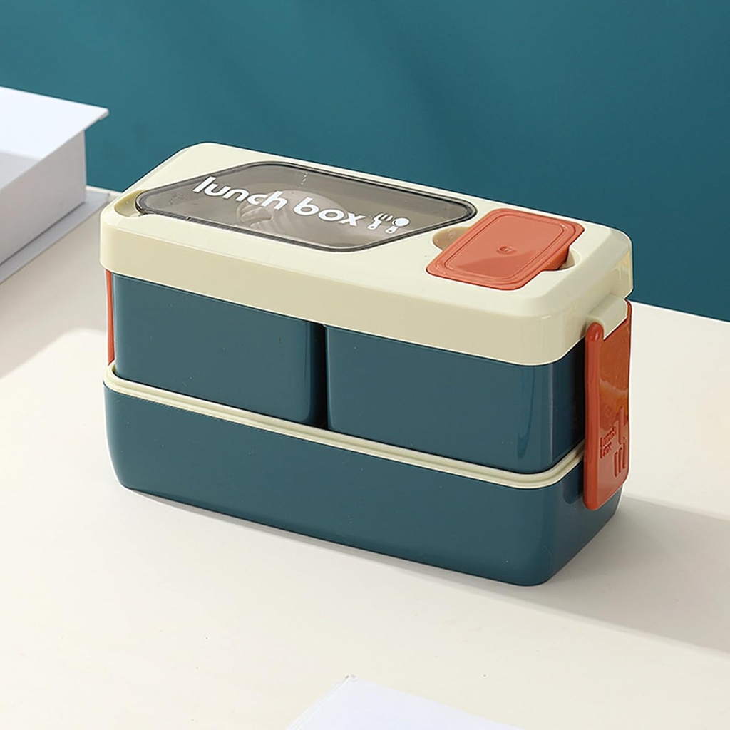 Double Layer Lunch Box with Dip Box 3 Grids Portable Bento Box with Compartments Leakproof Salad Lunch Containers with Cutlery for Work Picnic Travel, Microwave Freezer Available