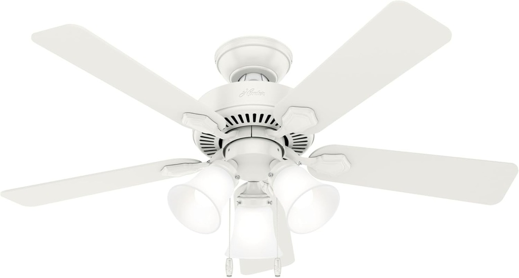 Hunter 44 inch Indoor Ceiling Fan with LED Lights - White Ceiling Fan with Pull Chain, For Bedroom, Living Room, or Kitchen, Standard Mount, No Remote, 5 Blades - Swanson 50885, Fresh White