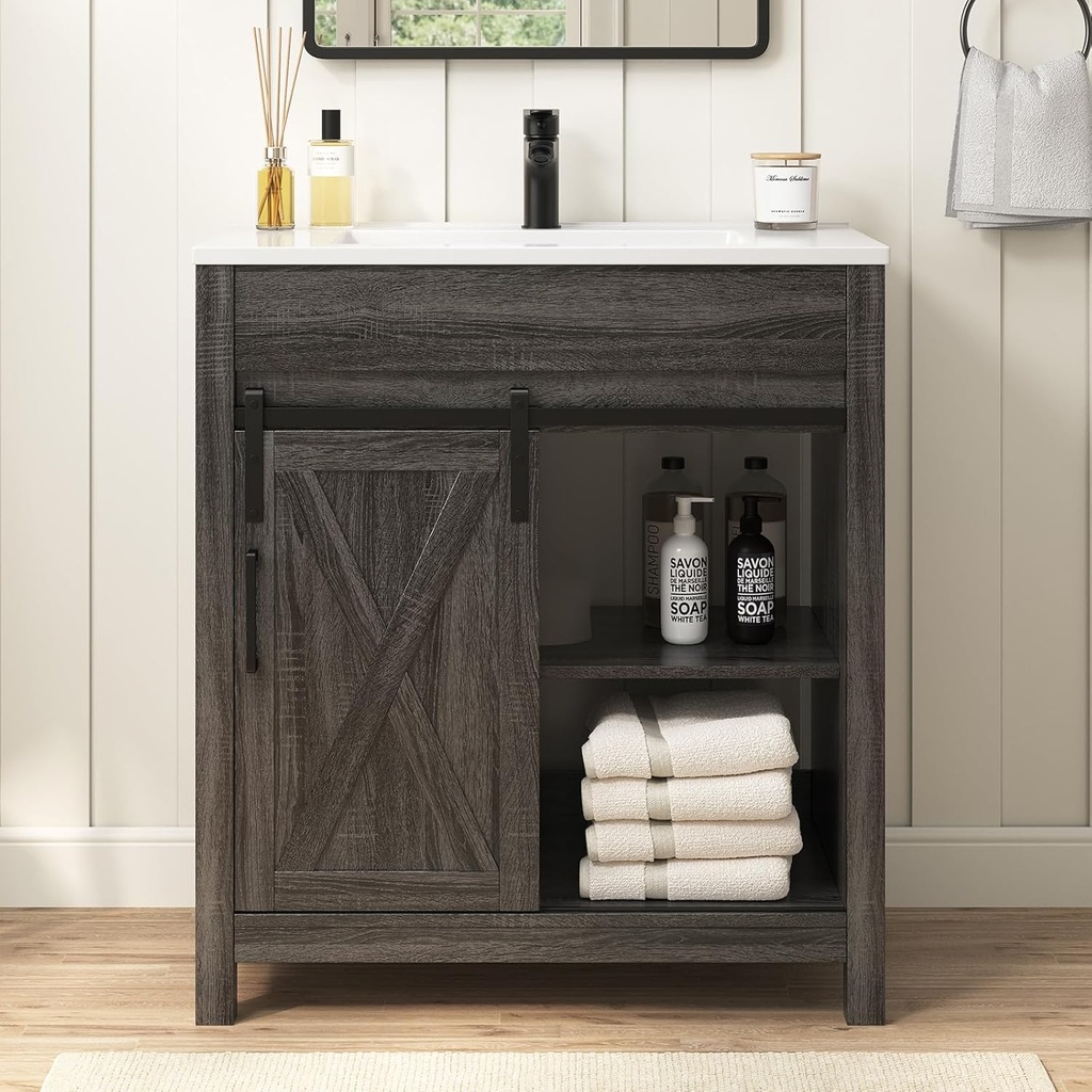 30 Inch Bathroom Vanity with Sink, Farmhouse Bathroom Vanity Set with Adjustable Feets, Sliding Barn Door Bathroom Sink Cabinet with Adjustable Shelves, Integral Sink, Dark Wood