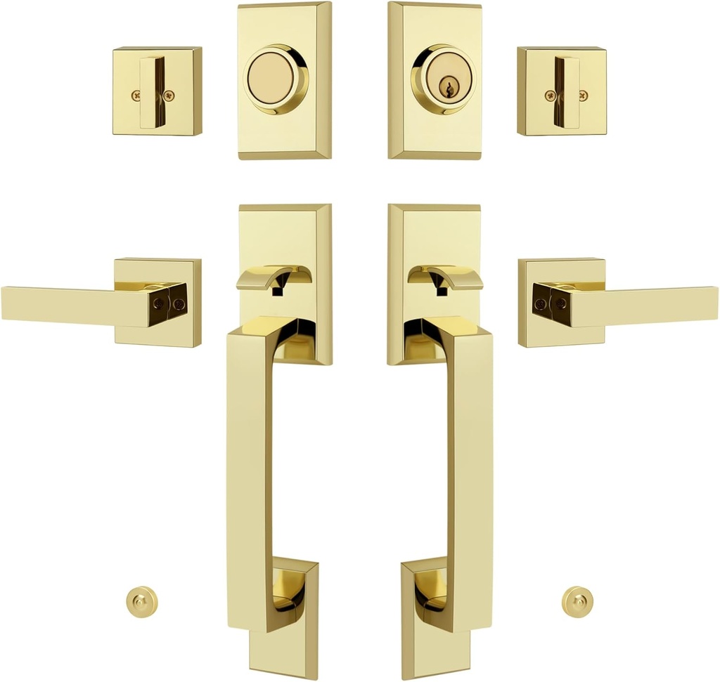 Double Front Door Lock Set, Keyed Entry Front Door Handleset with Dummy, Square Heavy Duty Door Lever and Single Cylinder Deadbolt Combo, Polished Brass