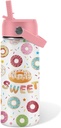 Donut Lover Gifts for Kids - 16oz Insulated Stainless Steel Water Bottle with Straw Lid, Leakproof BPA-Free Tumbler for School, Travel - Cute Donut Design Kids Cup for Boys & Girls (1pc)