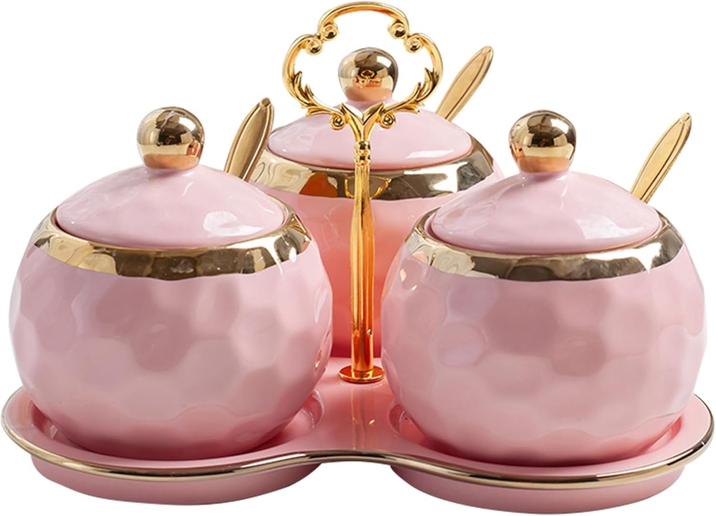 Set of 3 Porcelain Condiment Pot Sugar Bowl with Lid, Spoon and Tray, Modern Ceramic Seasoning Jars Salt Container for Home Kitchen, Restaurant, Coffee Bar (Pink)