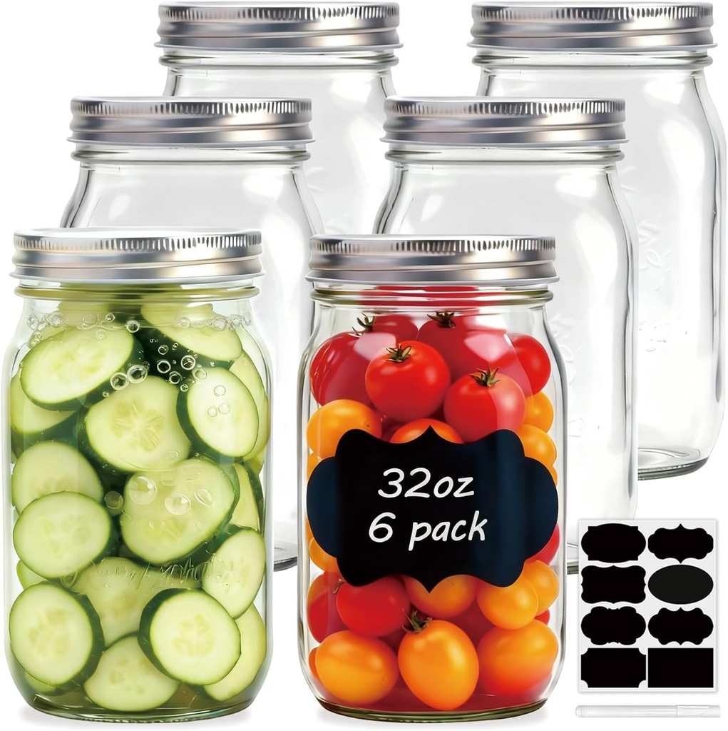 Wide Mouth Mason Jars 32 oz, Canning Jars with One-Piece Lids 6 Pack, Glass Jars with Airtight Lid for Food Storage, Pickling, Preserving, Meal Prep, Jam, Honey, Jelly