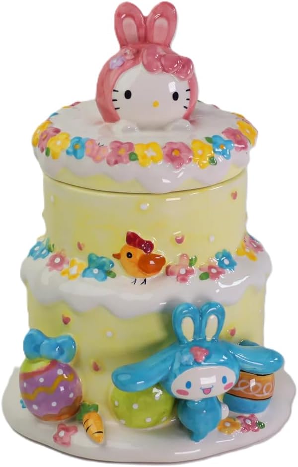 Blue Sky Clayworks HELLO KITTY & Friends Easter Cake Cookie Jar, 7" L x 7.825" W x 9.75" H, Pastel Spring Centerpiece