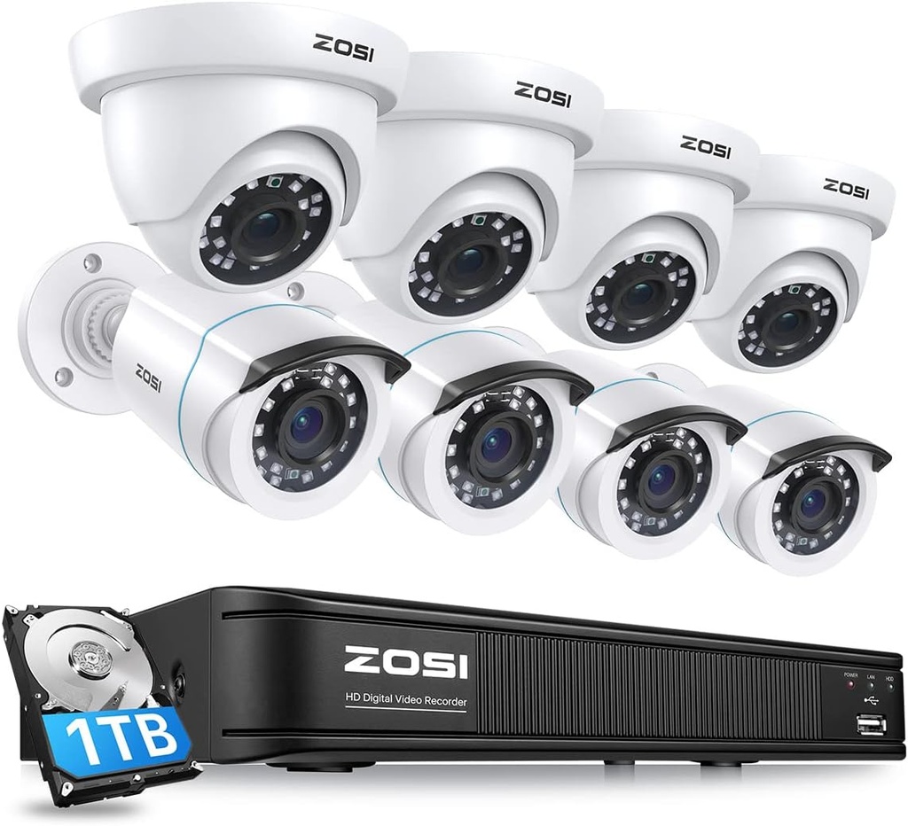 ZOSI 3K Lite Home Security Camera System with AI Human Vehicle Detection, H.265+ 8CH CCTV DVR and 8 x 1080p Wired Outdoor Indoor Bullet Dome Cameras, Remote Access, Alert Push (1TB Hard Drive)