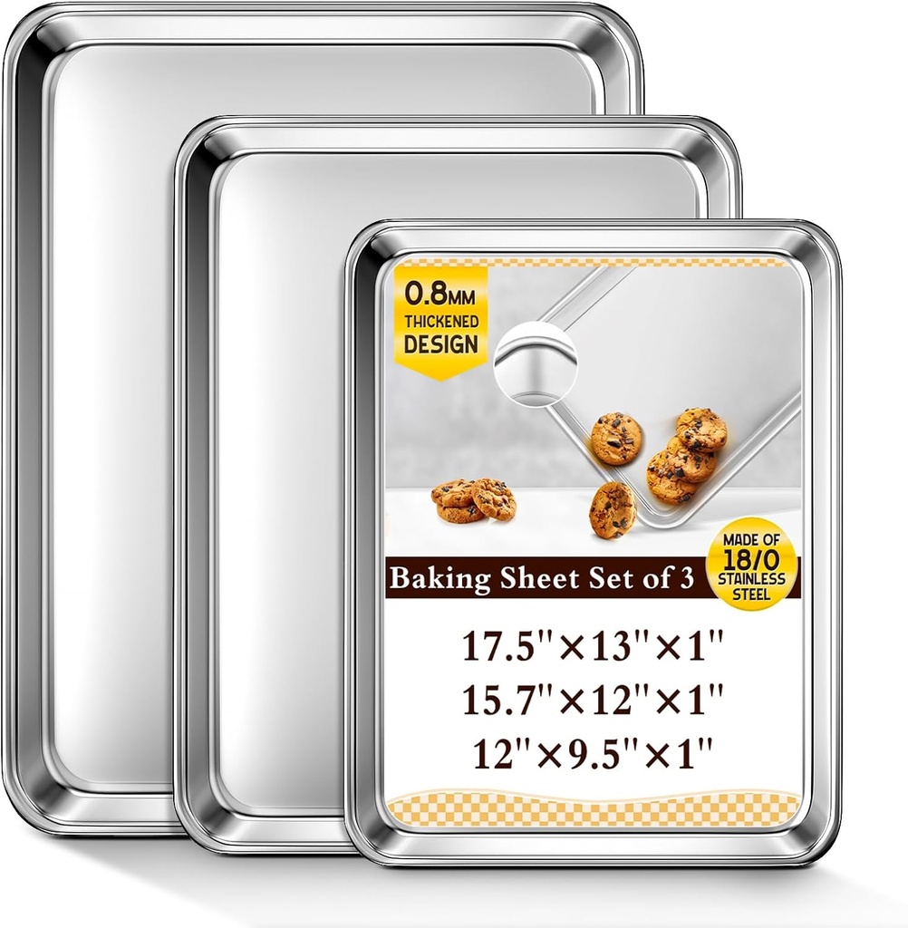 Baking Sheet Set of 3, Commercial Grade Stainless Steel Cookie Sheets for Baking, 12/16/17.5 Inch, Thicker and Firmer Baking Pans Set, Rust & Warp Resistant & Nonstick, Nontoxic&Heavy Duty&Easy Clean