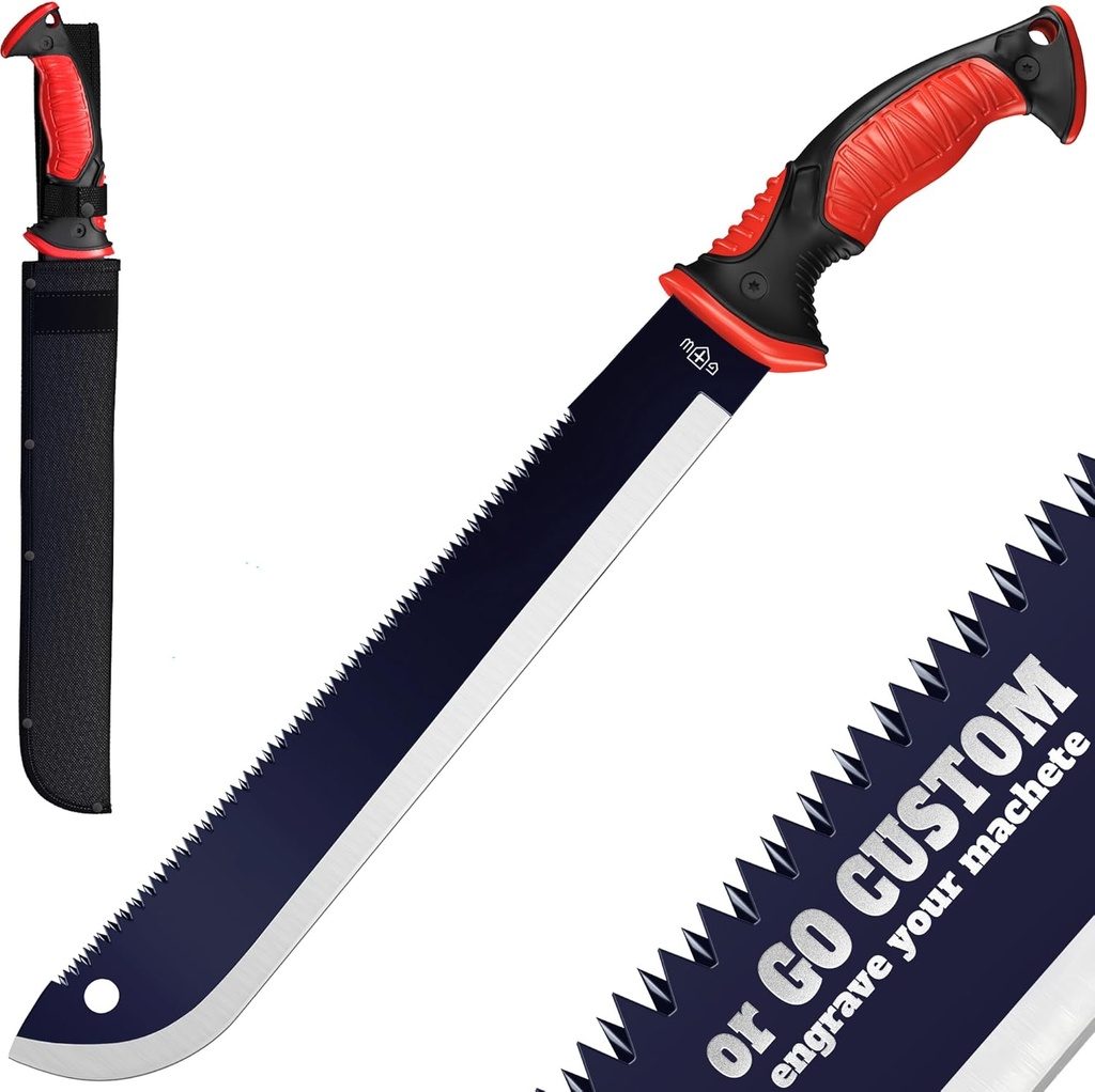 Machete with Saw 25" / 19" Heavy Duty Tool & Sheath - Ergonomic No-Slip Handle - Survival Knife with Serrated Blade - Machetes for Bushcraft Hunting Garden Cutting Trees and Yard Work