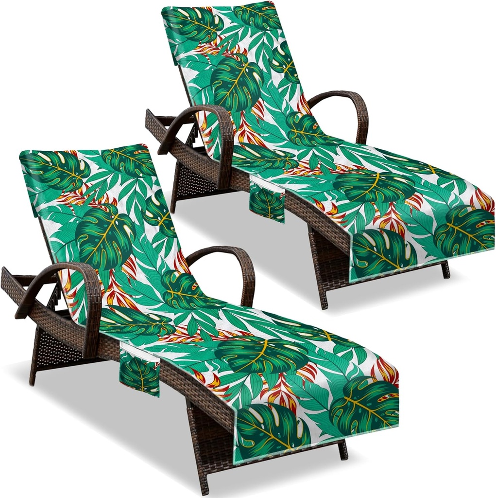 Lounge Chair Towel Cover, (Pack of 2), Beach Chair Cover with Pockets, Pool Chair Covers for Outdoor Beach Furniture Sun Lounger, No Sliding, 85 X 30 in, Blackish Green Leaves