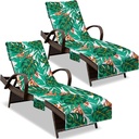 Lounge Chair Towel Cover, (Pack of 2), Beach Chair Cover with Pockets, Pool Chair Covers for Outdoor Beach Furniture Sun Lounger, No Sliding, 85 X 30 in, Blackish Green Leaves