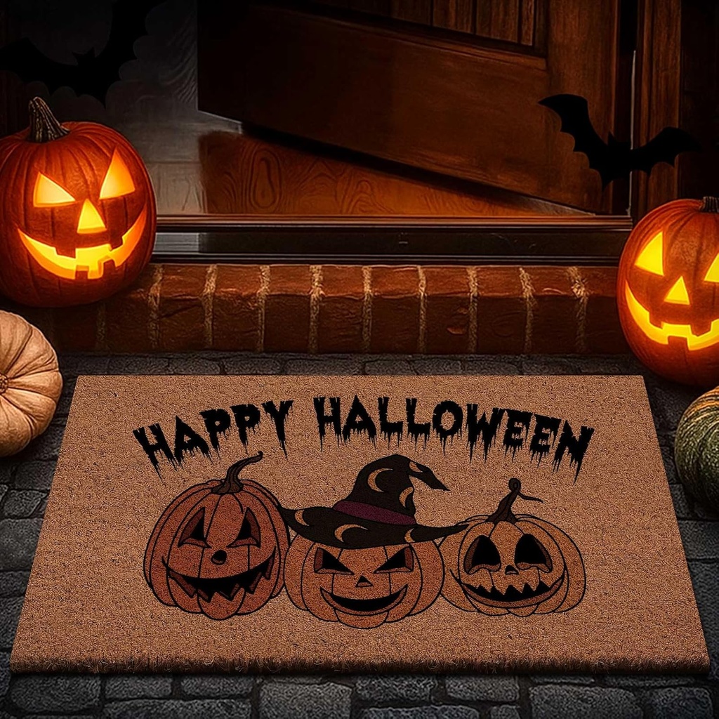 Lanpn Halloween Welcome Natural Coir Door Mat, Orange Pumpkin Coco Front Door Outdoor Doormat Outside Entrance Porch Non Slip Rubber Rug Autumn Thanksgiving Farmhouse Decor 30x17 inch
