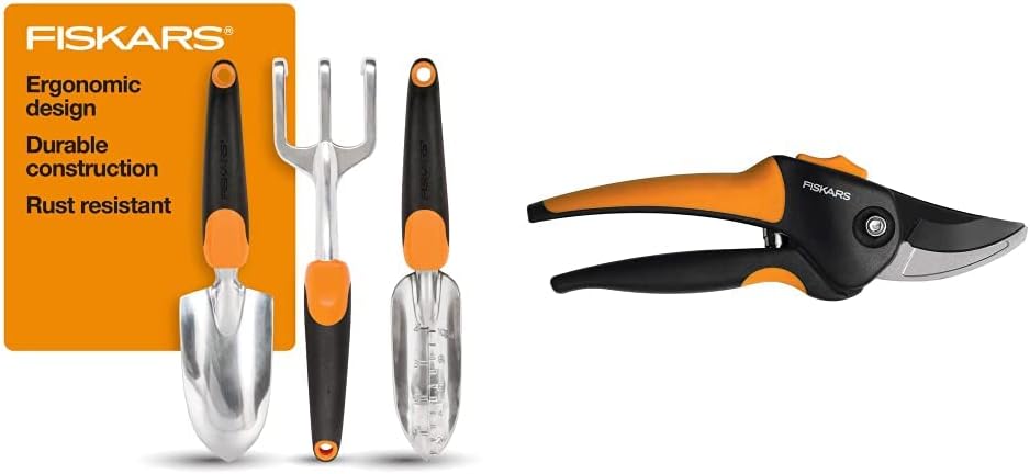 Fiskars 384490-1002 Garden Scratch Tool Set with Shovel, Hand Rake and Spade for Weed Removal, Digging, Gardening, Black/Orange & 79436997J Softgrip Bypass Pruner, Black/Orange Small