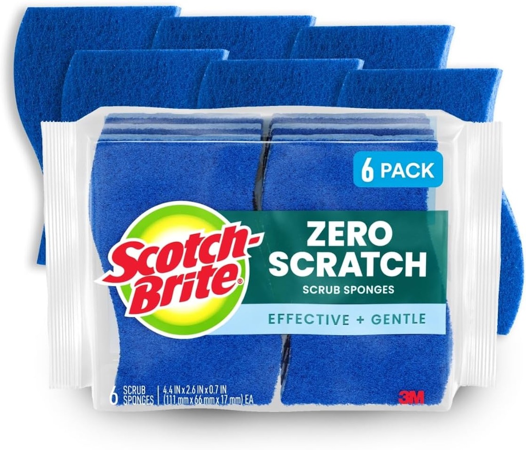 Scotch-Brite Zero Scratch Scrub Sponge, 6 Kitchen Sponges for Cleaning Around the Home, Bathroom & More, Scratch-free Dish Scrubber, Multi-surface Safe, Best for Nonstick Pots and Pans