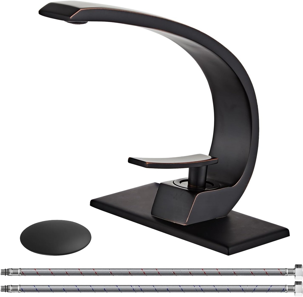 Wovier Oil Rubbed Bronze Bathroom Sink Faucet with Cover Plate and Pop Up Drain Assembly,Unique Design Single Handle Single Hole Brass Lavatory Vanity Faucet,Basin Mixer Taps with Supply Hose