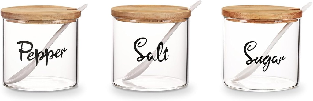HAOTOP Clear Glass Sugar Pepper and Salt Bowls with Serving Spoon and Lid, Farmhouse Kitchen Countertop Canisters, Container Jar Dispenser Holder for Home Kitchen,12 oz