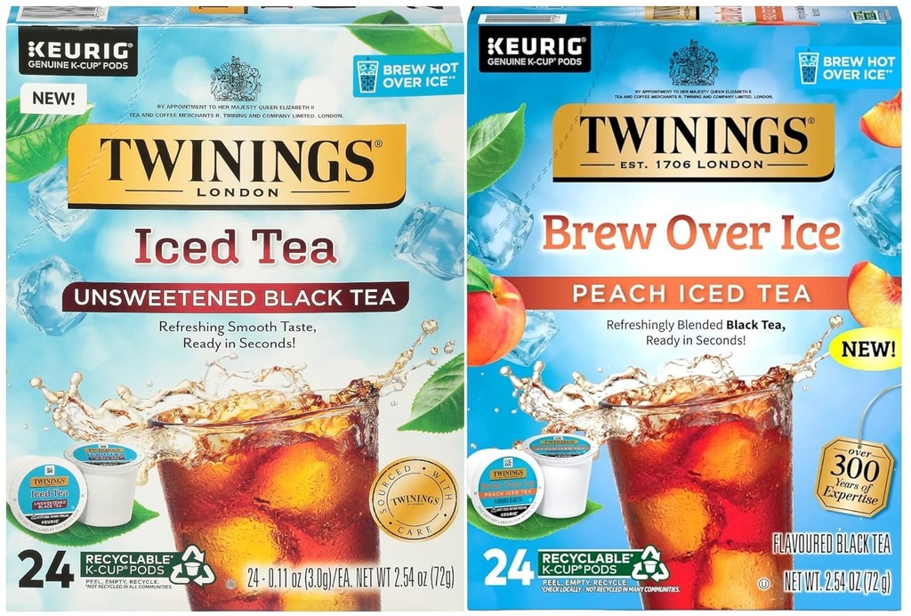 Twinings Iced Tea Variety, Unsweetened, Black Tea and Peach Flavored Black Tea, Brew Over Ice, K-Cup Pods for Keurig, Caffeinated, 24 Count (Pack of 2)