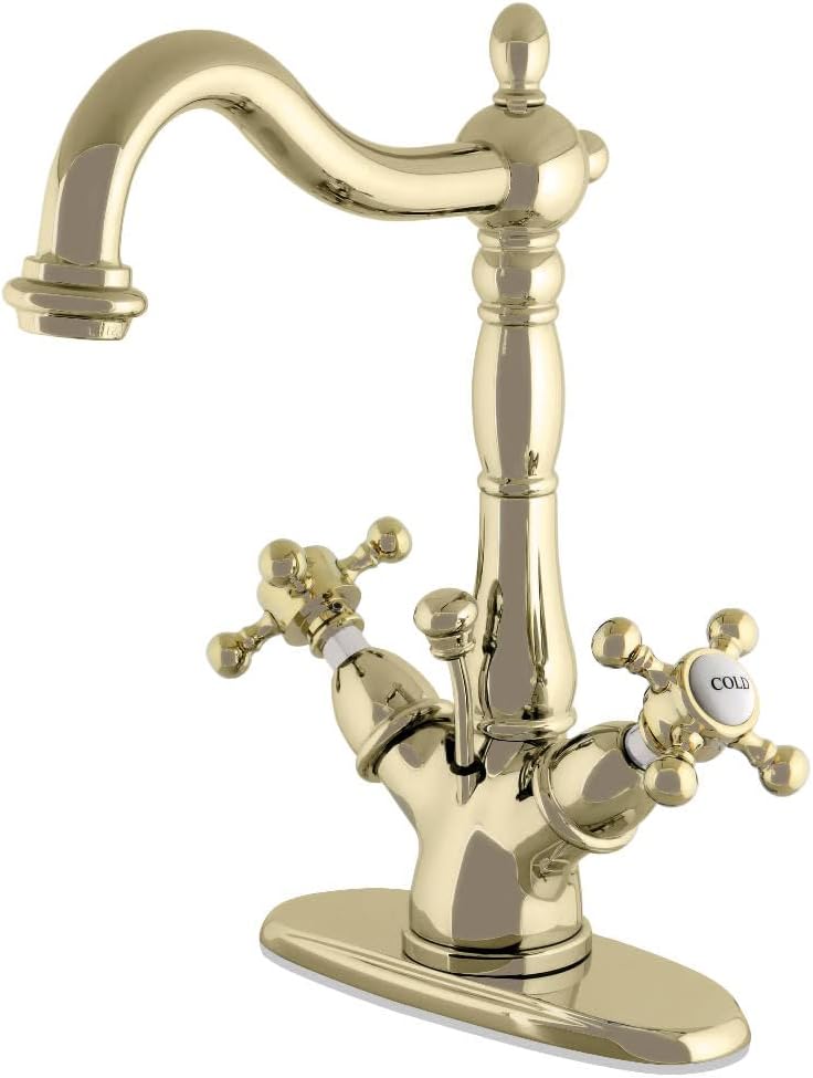 Kingston Brass KS1432BX 4-Inch Deck Mount Lavatory Faucet with Metal Cross Handle and Brass Pop-Up, Polished Brass