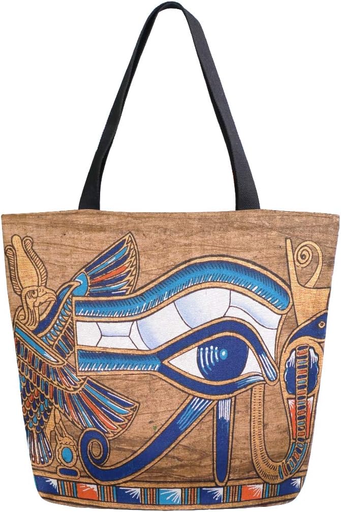 Naanle Egypt Canvas Tote Bag Large Women Casual Shoulder Bag Handbag, Egyptian Horus Eye Reusable Multipurpose Heavy Duty Shopping Grocery Cotton Bag for Outdoors.